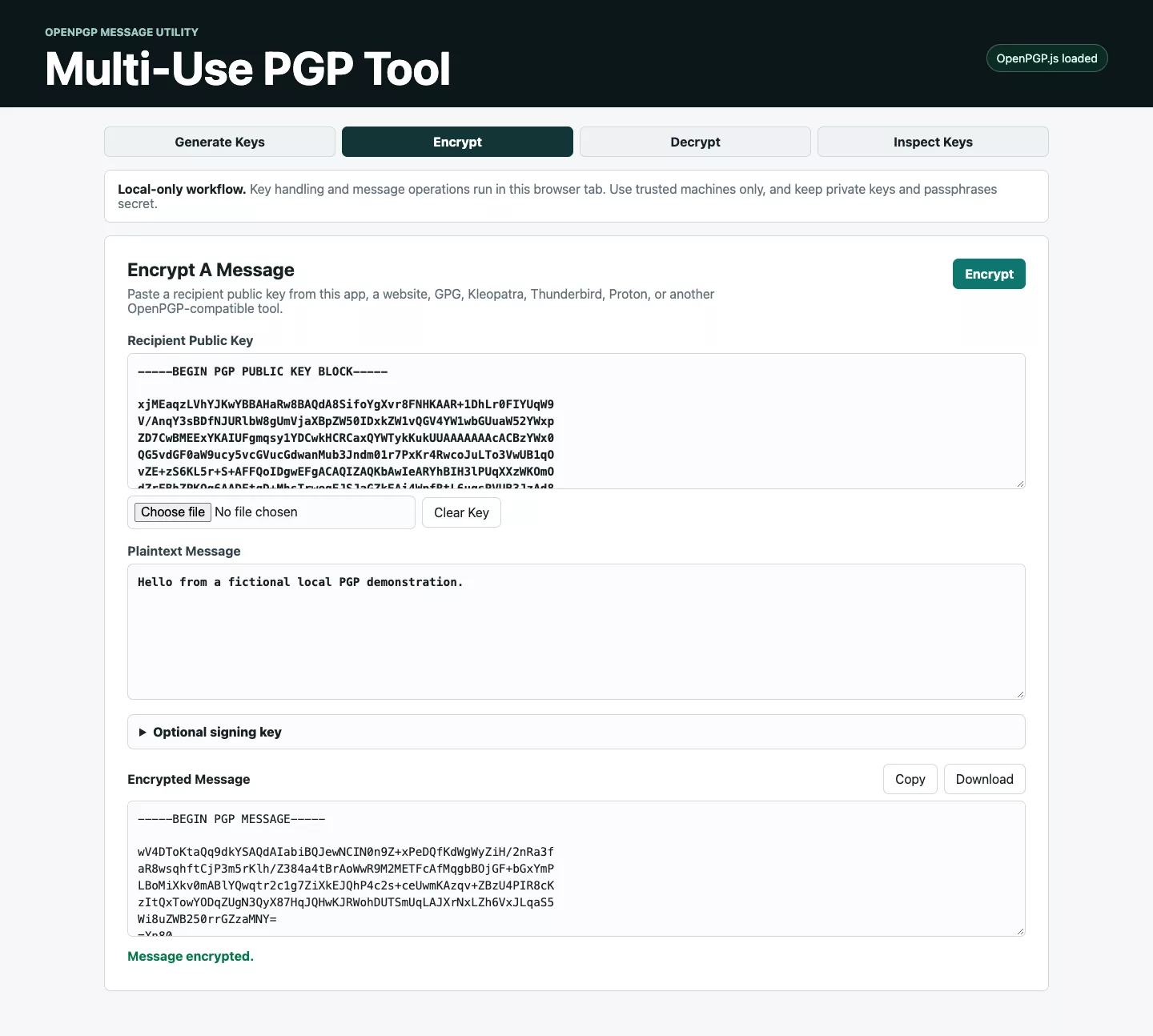Browser PGP Tool encryption interface showing the input, encryption options and output controls.