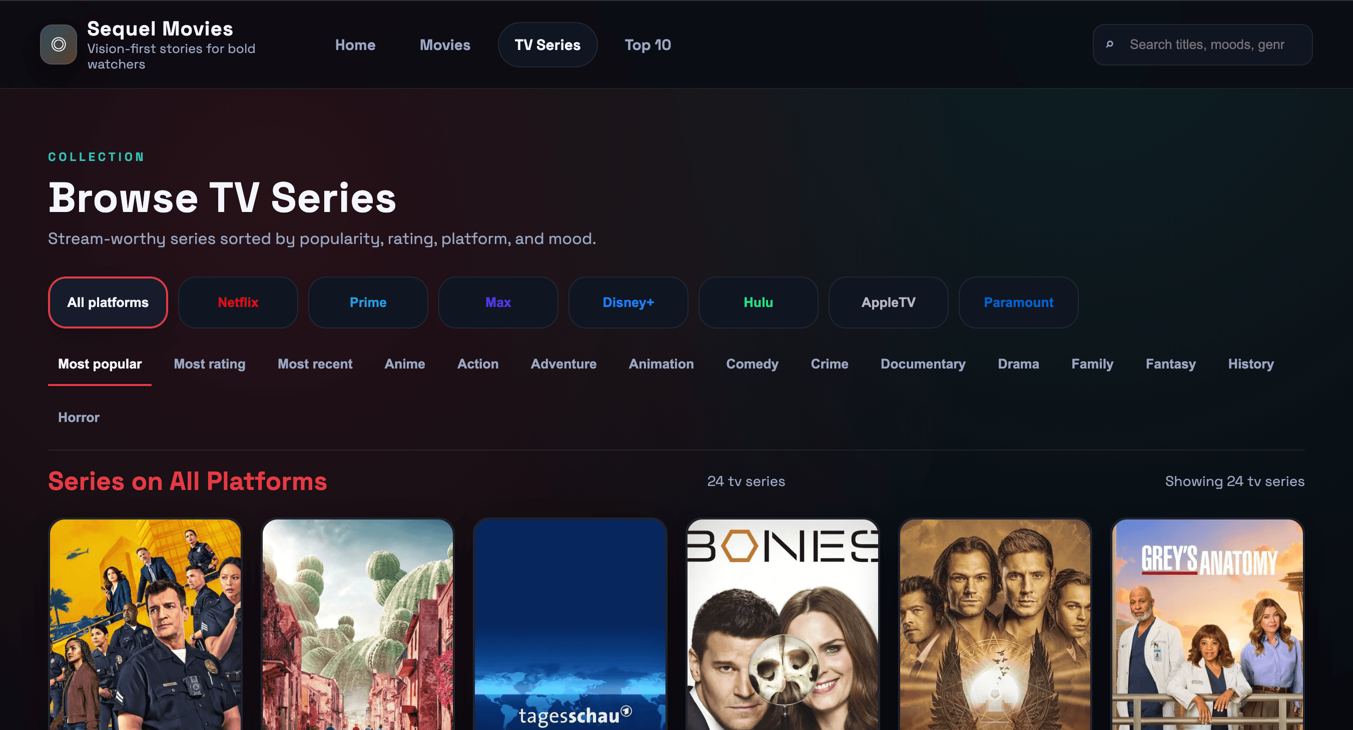 SequelMovies browse movies screen with platform filters and a cinematic grid.